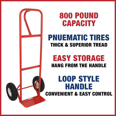 Heavy Duty Hand Truck Alloy Steel Red 800 Lb Capacity 10 Inch Pneumatic Tires Durable Tubular Frame Easy Storage