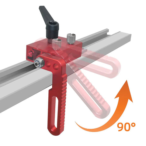 Rock Solid Aluminum T Track Stop Block For Table Saw Push Block Hella Tight Fit T30 T45 T Slot Rail Jig showing adjustable clamp at 90 degrees.