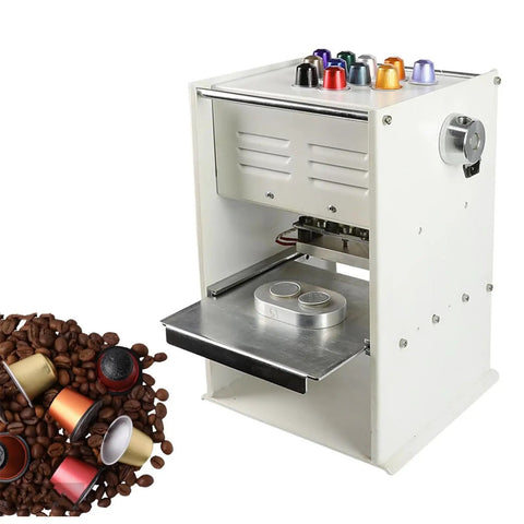 Pro Grade Coffee Capsule Sealer Machine With 2 Or 6 Hole Electric Capping For 37mm 50mm And 54mm Cups, Fast Leak Free Sealing, shown with capsules and coffee beans