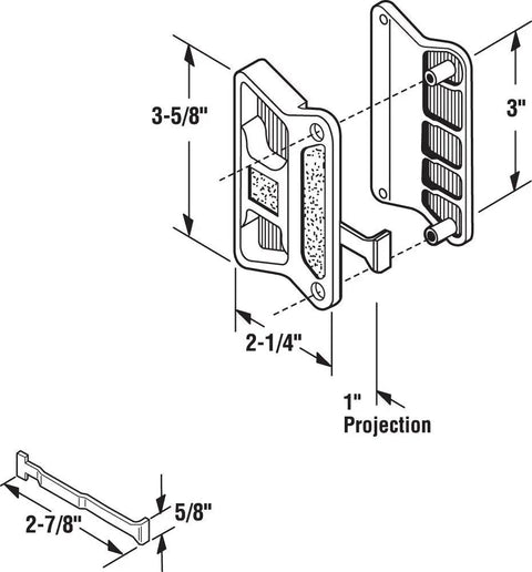 Black Plastic Long Latch Sliding Screen Door Handle Non-Handed For Exterior Frame Mount With Nine Thirty-Second Inch Holes diagram