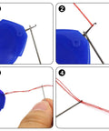 Demonstration of Easy Needle Threader Kit for Sewing Machines and Hand Embroidery threading a needle with blue plastic tool.
