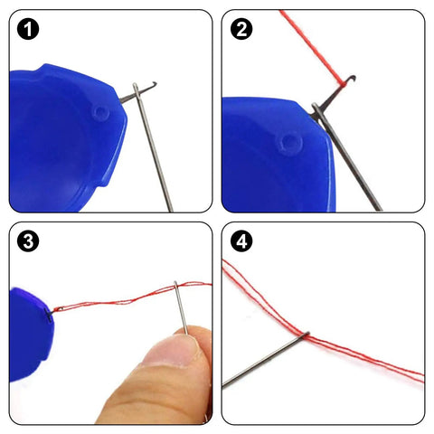 Demonstration of Easy Needle Threader Kit for Sewing Machines and Hand Embroidery threading a needle with blue plastic tool.