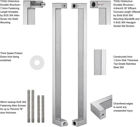 18 Inch Solid Standoffs Built Tough Heavy Duty Commercial Grade 304 Stainless Steel Push Pull Door Handle for Glass and Barn Doors with a Full Brushed Finish, front view