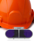 Built Tough Clip On Welding Protective Eyeglasses with screw clamp on an orange hard hat for safety gear during steelmaking.