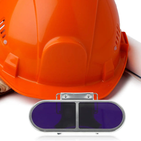 Built Tough Clip On Welding Protective Eyeglasses with screw clamp on an orange hard hat for safety gear during steelmaking.