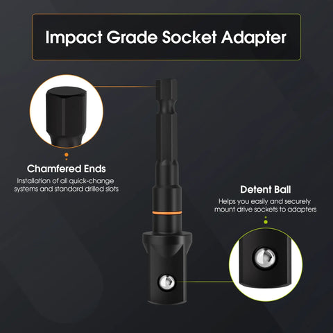 Three Piece Impact Socket Adapter Set For One Quarter Three Eighths And One Half Inch Drives With One Quarter Inch Hex Shank Chrome Vanadium Steel Heavy Duty Extension Bits For Power Drill And Impact Driver showing adapter with chamfered ends and detent ball.