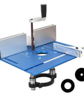 Rock Solid Aluminum Router Table Insert Plate Featuring Hella Precision Flip Mount With Integrated Miter Gauge Guide And Durable Sliding Fence Brackets For Top Shelf Woodworking Projects 9.4X7.9 Inch close-up view showing blue anodized finish and fence components.