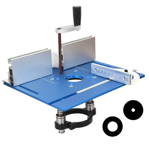Rock Solid Aluminum Router Table Insert Plate Featuring Hella Precision Flip Mount With Integrated Miter Gauge Guide And Durable Sliding Fence Brackets For Top Shelf Woodworking Projects 9.4X7.9 Inch close-up view showing blue anodized finish and fence components.