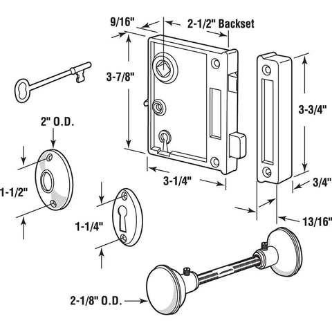 Diagram of Vintage Style Door Lock Set With Skeleton Key System For Interior Doors, Cast Steel, Brass Plated Knobs, 2-1/2 Inch Backset.