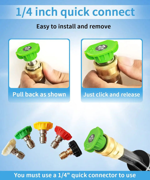 Beefy Universal Pressure Washer Nozzle Tip Set Five Pack With 0 Degree 15 Degree 25 Degree 40 Degree And 65 Degree Angles For Up To 4500 PSI At 3.0 GPM Quick Connect Quarter Inch Compatible, showcasing 1/4 inch quick-connect mechanism with colored nozzles.