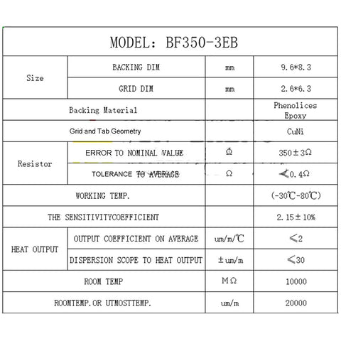 Two Pack 350 Ohm Full Bridge Strain Gauges BF350 3EB, specification table for 9.6x8.3mm foil sensor