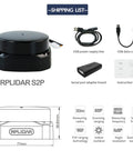 RPLIDAR S2P 2D Lidar Sensor With Dope 360 Degree Scanning 50 Meter Range 32KHz Ranging IP65 Weatherproof ROS SLAM Ready UART TTL Interface For Indoor Outdoor Obstacle Avoidance And Robot Navigation with accessories.