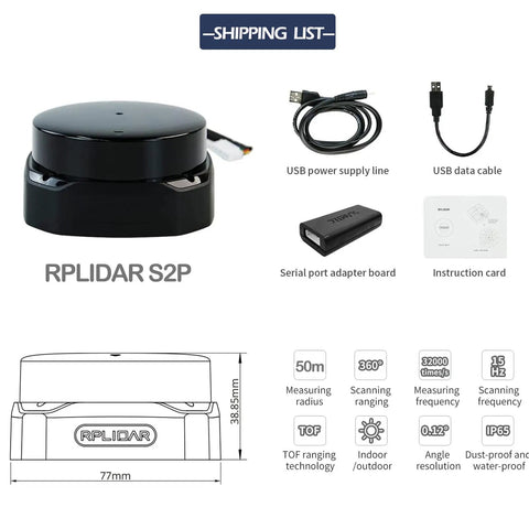 RPLIDAR S2P 2D Lidar Sensor With Dope 360 Degree Scanning 50 Meter Range 32KHz Ranging IP65 Weatherproof ROS SLAM Ready UART TTL Interface For Indoor Outdoor Obstacle Avoidance And Robot Navigation with accessories.