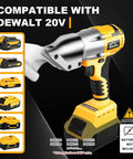 AUTOJARE Cordless Metal Shear Brushless Cutter 295 Ft Lbs Torque With 360 Degree Pivoting Head For Cutting Iron Steel Leather Cardboard Compatible With Dewalt 20V Battery Kit No Battery Included showing the tool and battery compatibility.
