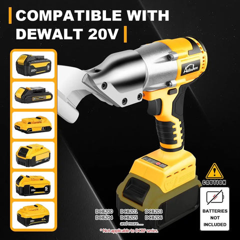 AUTOJARE Cordless Metal Shear Brushless Cutter 295 Ft Lbs Torque With 360 Degree Pivoting Head For Cutting Iron Steel Leather Cardboard Compatible With Dewalt 20V Battery Kit No Battery Included showing the tool and battery compatibility.