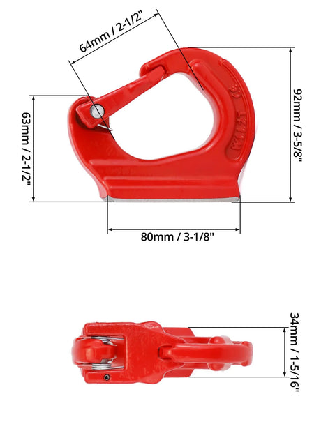 2 Ton Heavy Duty Alloy Steel Lifting Hook Weld On Anchor Hook With Protective Red Coating For Wrecker Crane And Tractor Equipment Forged Steel Construction With High Strength And 4400 Lb Working Load Limit Ideal For Heavy Lifting And Towing Applications, shown with dimensions.