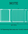 Diagram of Extra Wide Baby Gate For Stairs And Doorways, showing width 62-72 inches with white metal extensions A, B, C for installation.