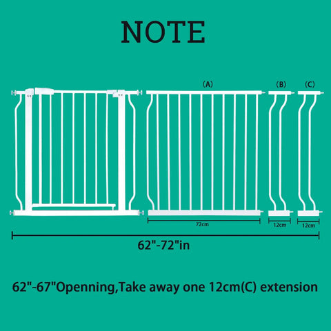 Diagram of Extra Wide Baby Gate For Stairs And Doorways, showing width 62-72 inches with white metal extensions A, B, C for installation.
