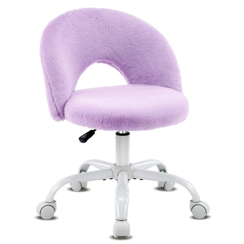 Cute Mini Vanity Chair With Faux Fur Wheels, Adjustable Height Armless Office Desk Stool, 360 Degree Swivel Rolling Makeup And Study Chair For Small Spaces, Girls Cozy Bedroom Purple