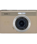 Front view of a tan Compact Point And Shoot Camera With 13MP Sensor, 4x Digital Zoom, 26mm F2.0 Wide Angle, 180 Degree Flip Screen, 1080p HD Video.