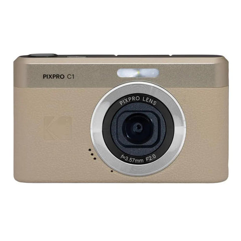 Front view of a tan Compact Point And Shoot Camera With 13MP Sensor, 4x Digital Zoom, 26mm F2.0 Wide Angle, 180 Degree Flip Screen, 1080p HD Video.