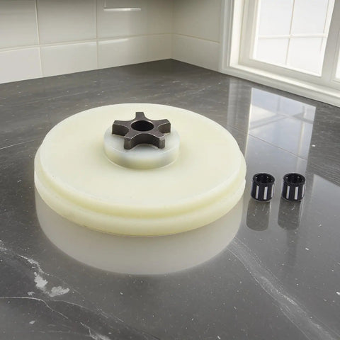 3.5 Inch Chainsaw Sprocket Kit 122511-01 with nylon sprocket and roller bearing displayed on a countertop