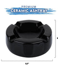 Large Eight Point Five Inch Black Glossy Ceramic Cigar Ashtray Kit With Stainless Steel Cutter shown with dimensions