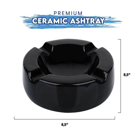 Large Eight Point Five Inch Black Glossy Ceramic Cigar Ashtray Kit With Stainless Steel Cutter shown with dimensions