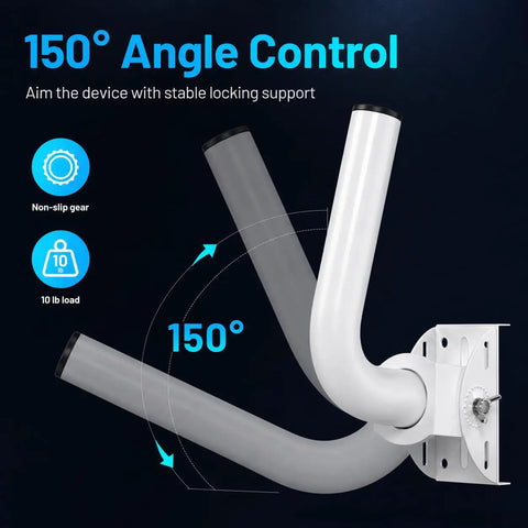 Rock Solid Universal Wireless Bridge Bracket Mount 2 Pack 150 Degree Adjustable Antenna J Pole Mount showing 150 degree angle control and 10 lb capacity.