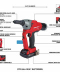 Cordless 1 Quarter Inch Blind Rivet Kit No Air Hose Portable M18 System Cranks 500 Rivets Per Charge Zero Weight Onsite Jobs Fast Install Snug Fit For Pros And Mechanics Repairing Metal Frames Today Eliminates Air Lines Forever. M18 rivet tool with battery, nose pieces, and belt clip
