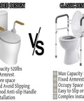 Comparison of Heavy Duty Toilet Safety Rail For Seniors Featuring Slick Flip Up Wooden Armrest With Non Slip Grip and Rust Resistant Finish.