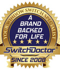 SwitchDoctor logo with text 'A Brand Backed for Life,' gold badge design with stars, since 2008.