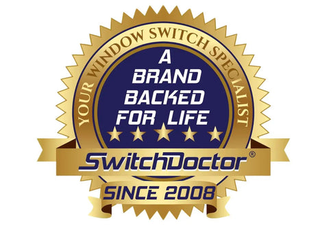 SwitchDoctor logo with text 'A Brand Backed for Life,' gold badge design with stars, since 2008.