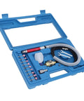 Straight Shot Precision Pneumatic Pencil Die Grinder Kit For Mechanics And Fabricators Featuring A Featherlight Grip and Knockout Torque For Clean Metal Trimming And Quick Routing In Cramped Engine Bays in blue storage case with various bits and hose.