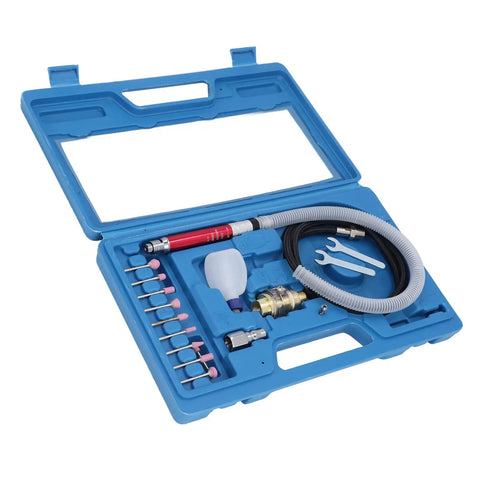 Straight Shot Precision Pneumatic Pencil Die Grinder Kit For Mechanics And Fabricators Featuring A Featherlight Grip and Knockout Torque For Clean Metal Trimming And Quick Routing In Cramped Engine Bays in blue storage case with various bits and hose.