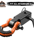 2 Inch Tow Hitch Receiver With Three Quarter D Ring Shackle And Five Eighth Screw Pin Heavy Duty 45000 Lbs Break Strength Off Road Towing Accessory Orange And Black For Vehicle Trailer Recovery, shown in a front angled view.