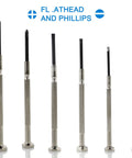 Six Piece Precision Screwdriver Set For Eyeglasses Watches And Electronics With Flat And Phillips Heads In Six Sizes displayed upright