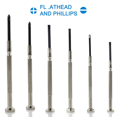 Six Piece Precision Screwdriver Set For Eyeglasses Watches And Electronics With Flat And Phillips Heads In Six Sizes displayed upright