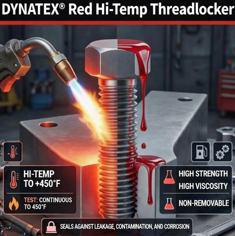 Image of a bolt coated in red hi-temp locking adhesive, withstanding heat, showcasing heavy-duty application for metal fasteners.