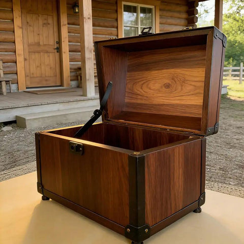 Open wooden chest with Two Pack 180 Degree Locking Hinges Heavy Duty Folding Lid Supports Rust Proof Metal on porch