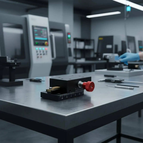Top Notch Precision Dovetail Linear Stage With Dovetail Guide And Manual Rack And Pinion Travel For Rock Solid Fine Positioning Optical Alignment And Small Fixture Adjustments In Scientific Labs And Research on lab bench