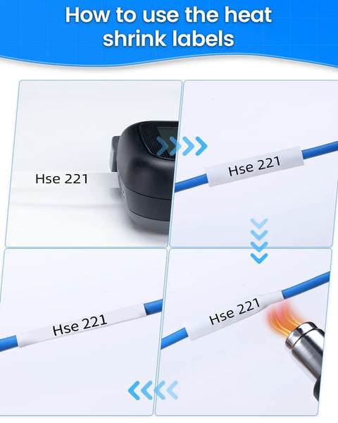Instructions for using Top Shelf Heat Shrink Label Tape Compatible With Hse221 on cable with heat application.