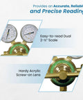 Flame Tech high-pressure piston regulator for inert gases, forged brass body with dual-scale gauges.