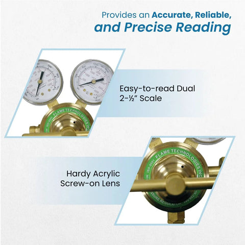 Flame Tech high-pressure piston regulator for inert gases, forged brass body with dual-scale gauges.