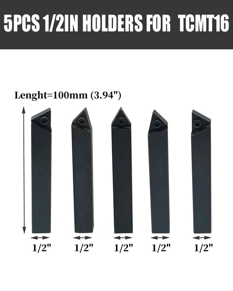 5-piece 1/2in shank turning tool holders for TCMT inserts, black metal, 100mm length.