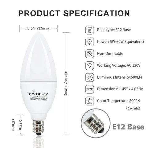 Efficient E12 LED Candelabra Bulbs 5W Equivalent 60W Daylight 5000K Non Dimmable showing specifications