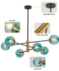 Six Light Blue Glass Ball Sputnik Chandelier Modern Mid Century Black And Gold Flush Mount Vintage Large Globe Pendant Light For Kitchen Island And Dining Area
