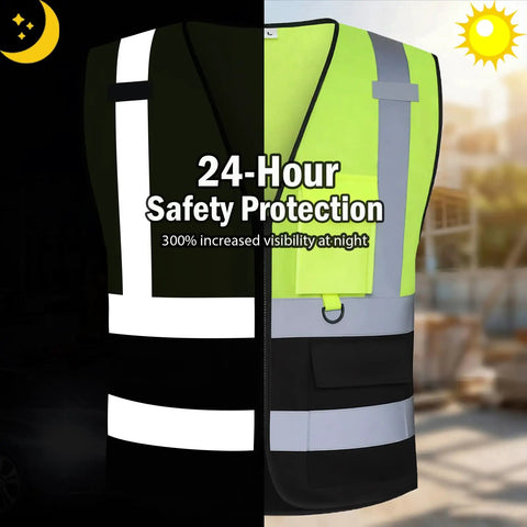 Premium Quality Straight Up Class 2 Hi Vis Safety Vest With Deep Cargo Pockets For Construction Crews Safety Compliant Reflective Mesh Gear Hella Visible For Highway And Active Job Sites Yellow Black XL shown with reflective stripes for increased visibility at night.