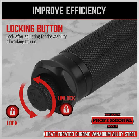 Half Inch Drive Click Torque Wrench With Locking Mechanism handle showing lock and unlock features