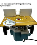 Heavy Duty Aluminum Router Table Insert Plate With Precision Center Bushing For Rock Solid Professional Woodworking Milling and Slick Flip Board Trimming Shop Rig mounted with router motor, showcasing accuracy features.